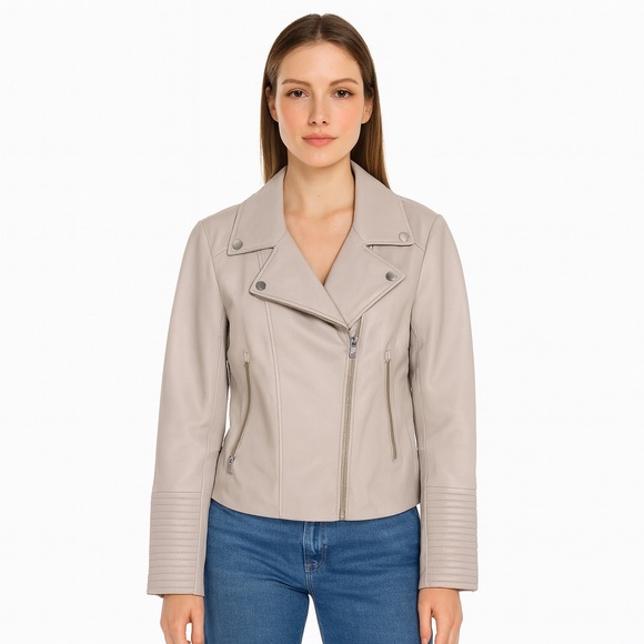 SOIA & KYO Size S/P Mija LAMBSKIN LEATHER Jacket Stone Neutral Luxury Moto Biker